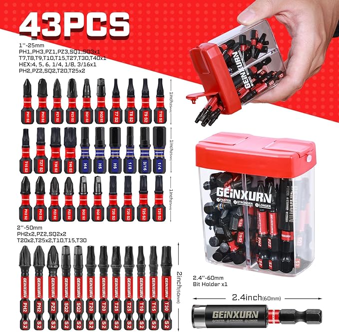 43Pieces Impact Screwdriver Bits Set with Colorful Boxes, Magnetic (Phillips/Pozi/Square/Torx/Hex) S2 Steel Multi Driver Bits