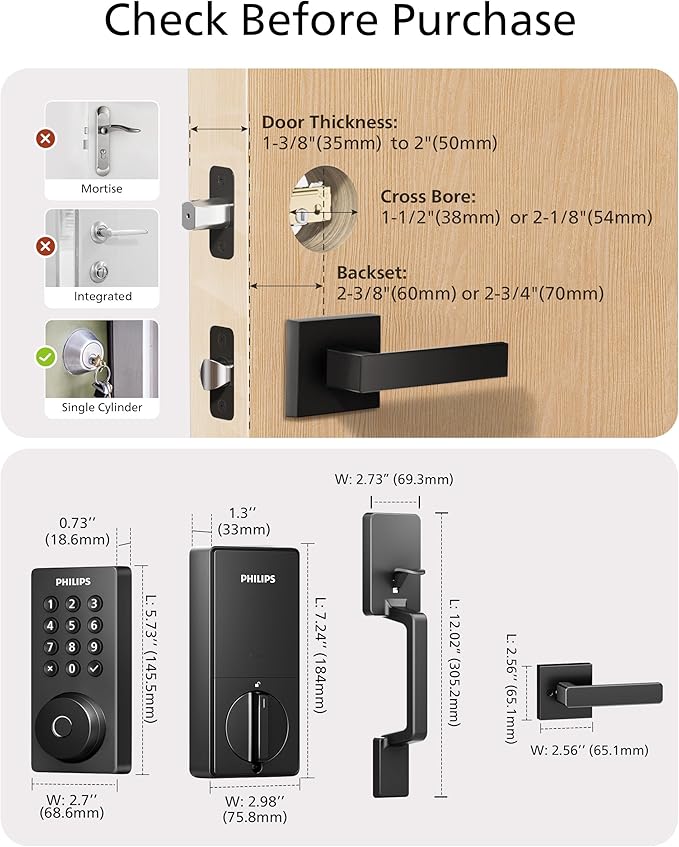 Philips Wi-Fi Smart Deadbolt Lock with Handle Set, Keyless Entry Door Lock for Front Door, Built-in WiFi, Compatible with Alexa & Google Assistant, Auto Locking