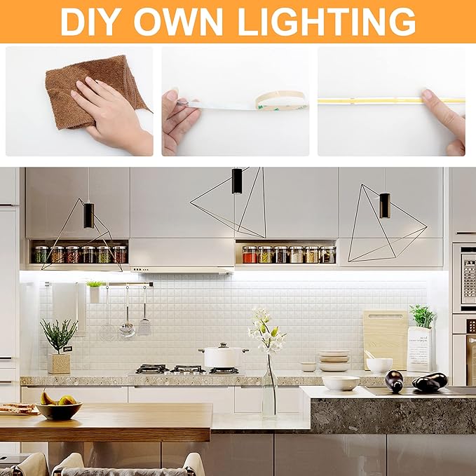 White COB LED Strip Light, Dimmable 24.6ft/7.5m LED Light, 6000K Daylight White 2400 LEDs High Lumen LED Tape Lights CRI 90+ with RF Remote and UL Power for Bedroom,Kitchen,DIY Home Decoration