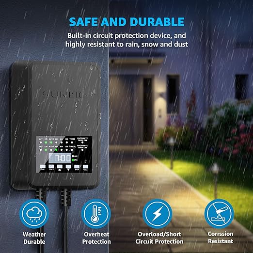 SUNVIE 300W Low Voltage Landscape Transformer with 2 Independent Control Output Landscape Lighting Transformer with Timer and Photocell Sensor 120V AC to 12/14V AC Weatherproof Low Voltage Transformer