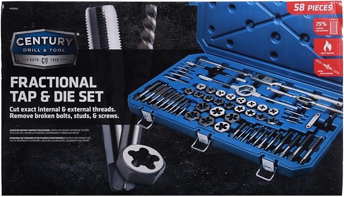 Century Drill & Tool – 98958 Carbon Steel Fractional Tap and Die Set, 58 Piece Tool Set – Tool Kit for Hand Cutting Applications, Construction