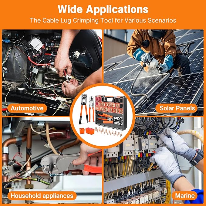 Kuject Battery Cable Lug Crimping Tool Kit with Copper Wire Lug AWG 1 2 4 6 8 1/0 Gauge, Wire Crimper for AWG 10-1/0 with Cable Cutter, 110PCS Battery Cable Ends with 110PCS 3:1 Heat Shrink Tubing
