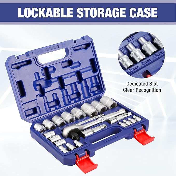 WORKPRO 22-Piece Socket Set with 3-in-1 Ratchet Handle, 1/4, 3/8, 1/2 Inch Drive Socket Wrench, CR-V Metric Socket Set, Extension Bars, Storage Box Included, Mechanics Tool Sets for Auto Repairing