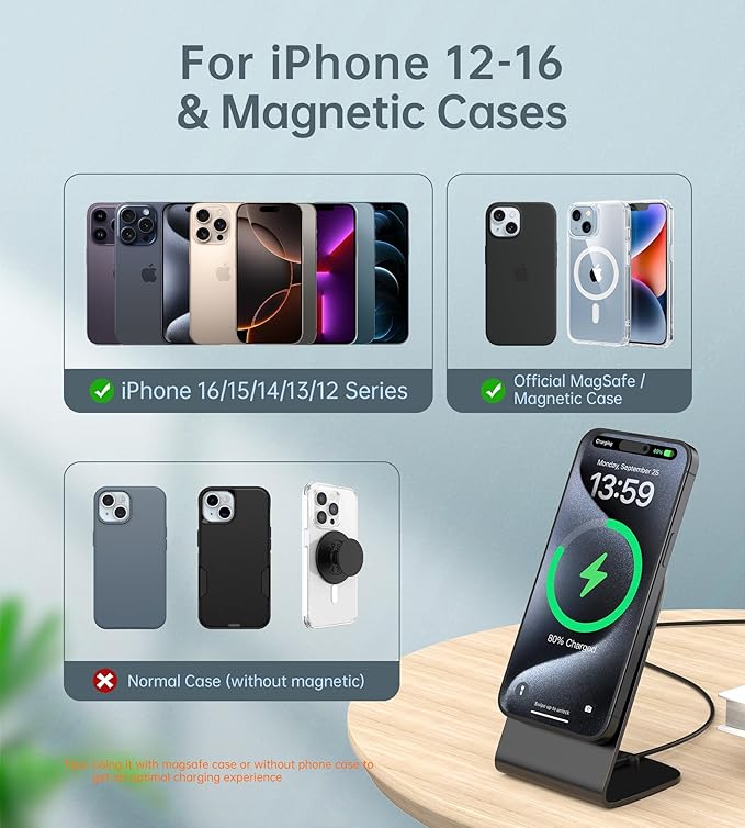 Magnetic Wireless Charger with Aluminum Charging Pad Stand Compatible with iPhone 16/15/14/13/12 Series，20W PD Charger&5ft Cable Included, Black