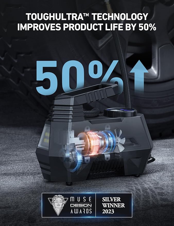 AstroAI Tire Inflator Portable Air Compressor Air Pump for Car Tires-Car Accessories, 9.8Ft Cord-12V DC-Powered Auto Pump with Digital Pressure Gauge, Emergency LED Light for Bicycle, Balloons, Blue