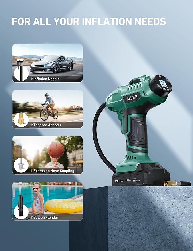 AstroAI C2 Cordless Tire Inflator Air Compressor 20V Rechargeable Battery Powered 160PSI Portable Air Pump with 12V Car Power Adapter Digital Pressure Gauge for Cars Motorcycles JY16P160-18 Green