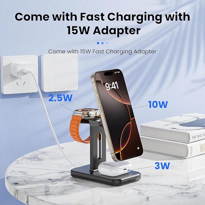 3 in 1 Fast Wireless Charging Station for Magsafe Apple Devices, Aluminum Alloy Charger Station with Adapter, Magnetic Charging Stand for iPhone 16/15/Pro/ProMax/14/13/12, Apple Watch & AirPods, Black