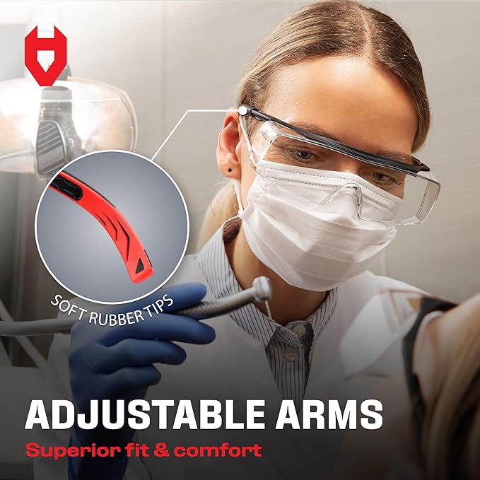 NoCry Safety Glasses That Fit Over Your Prescription Eyewear. Clear Anti-Scratch Wraparound Lenses, UV400 Protection, ANSI Z87 & OSHA Certified. Use in the Lab, Travelling, Black & Red (10-pack)