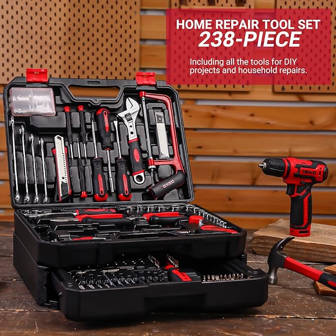 Drill Tool Set：Tool Kit with 12V Power Cordless Drill Hand Repair Tools Box with Drill, Home Tool Kits for Men & Women, Hand Drill Set Perfect for Homeowner, Diyer, Handyman - Red
