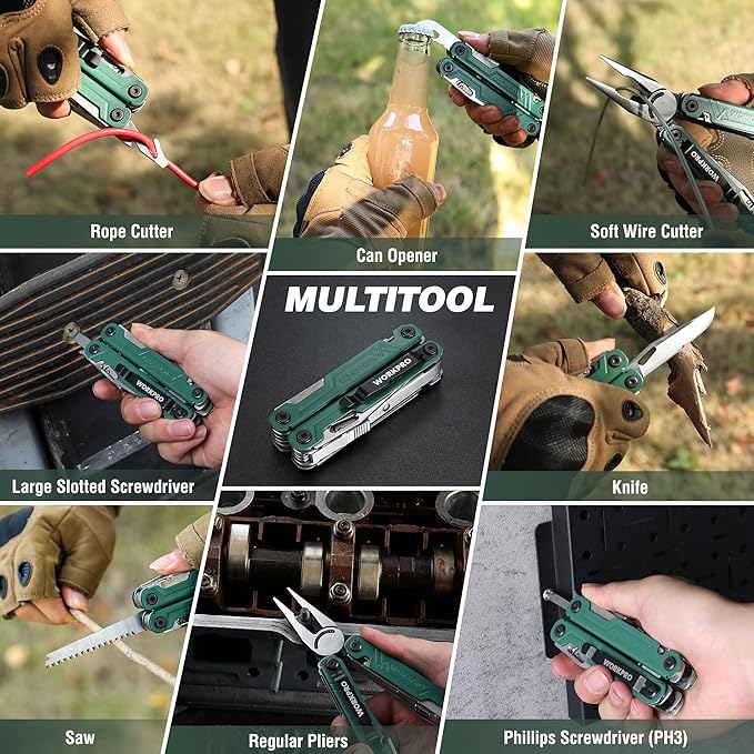 WORKPRO 18-in-1 Multi Tool Pliers, Gifts for Men, Stainless Steel EDC Multitool with Pocket Knife, 2 Safety Locks, Belt Clip and Oxford Pouch, Utility Multiuse Tool for Camping