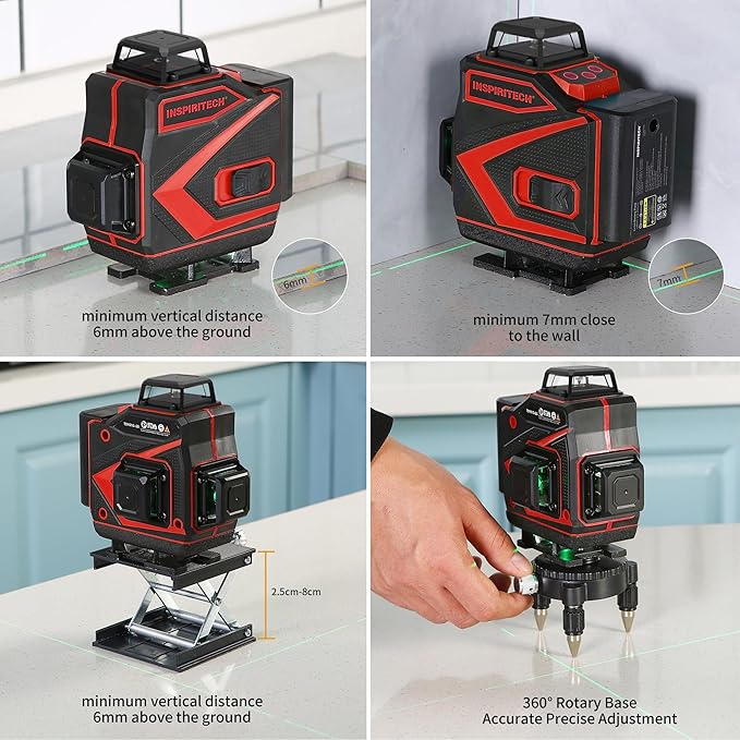 Tile Laser Level 360 Self Leveling - Floor 4 x 360 Green Beam Cross Line Laser Leveler Tool - 16 Lines Ceiling Nivel Laser for Construction - Hard-Sided Case and 2 Batteries