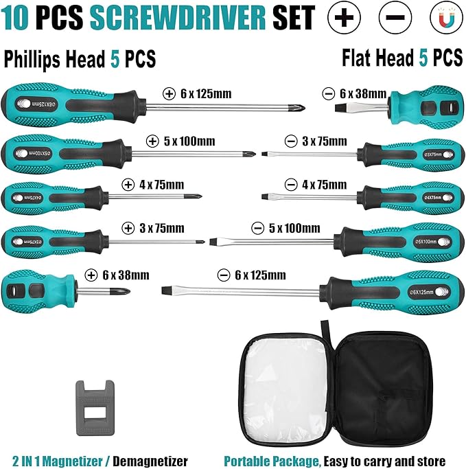 Magnetic Screwdriver Set 10 PCS,5 Phillips and 5 Flat Head Precision Screwdriver,Professional Cushion Grip and Non-Slip for Repair Home Improvement Craft,Green