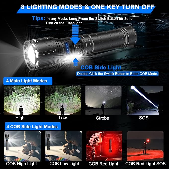 Rechargeable Magnetic Flashlights High Lumens, Super Bright LED Powerful Flashlight 8 Modes with COB Work Light, Waterproof Handheld Flash Light for Camping (2 Pack with Paper Box, Black)