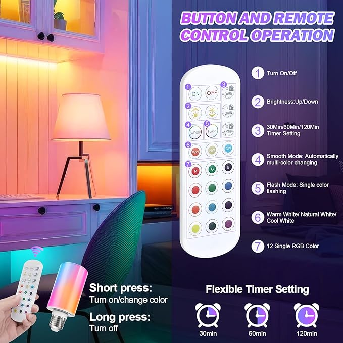 10000mAh Rechargeable Led Corn Light Bulb,Battery Operated Light Bulb with Remote Control, E26, 60W Equivalent, 800Lum, 3 Color Temperatures, 12 RGB, Emergency Lamp, 4PC