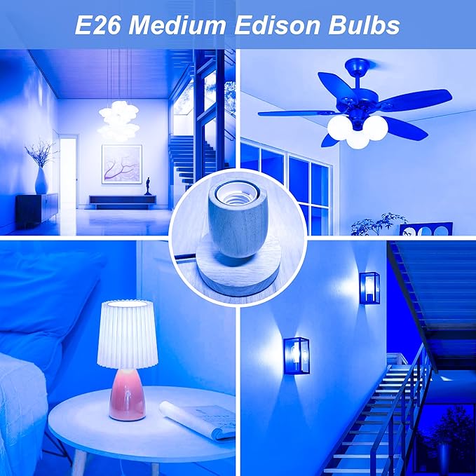 4 Pack 3.2 Inch T10 Blue Light Bulb, E26 Base Edison Bulbs Dimmable, AC 120V 60 Watt Equivalent Clear Glass Filament Bulb, Halloween Christmas Party Bar Colored Light Bulbs, UL Listed