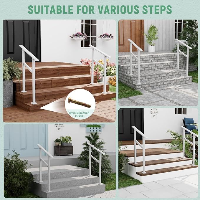 2 Pack Hand Rails for Outdoor Steps,1-2 Step Railing for Stairs,Adjustable Porch Railing,Hand Rails for Seniors,Outdoor Deck Handrails for Exterior Steps,White