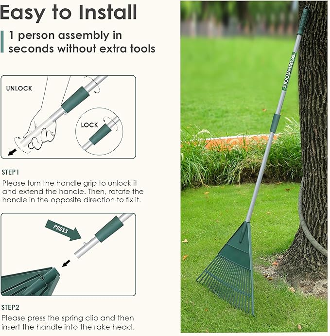 ORIENTOOLS Rake for Leaves,Adjustable Garden Leaf Rake ,Lightweight Steel Poly Yard Rake，22 Tines, 42 to 60 Inches (Silver Handle)