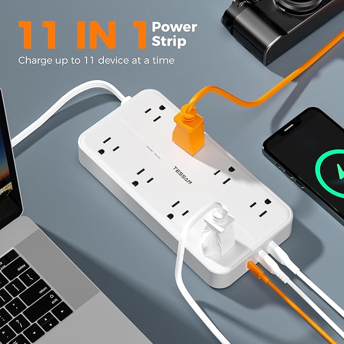 Power Strip with Surge Protection, TESSAN Flat Plug Extension Cord with 8 Outlets 3 USB Ports(1 USB C), 1080 Joules, 6 Ft, Wall-Mounted Charging Station for Apartment Office Dorm Room Essentials