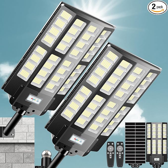 8200W Solar Street Lights Outdoor: Commercial Solar Parking Lot Lights with Motion Sensor and Remote Control, IP66 Waterproof, Wide Angle Dusk to Dawn Outdoor Lighting, Large Dimension, 2 Pack