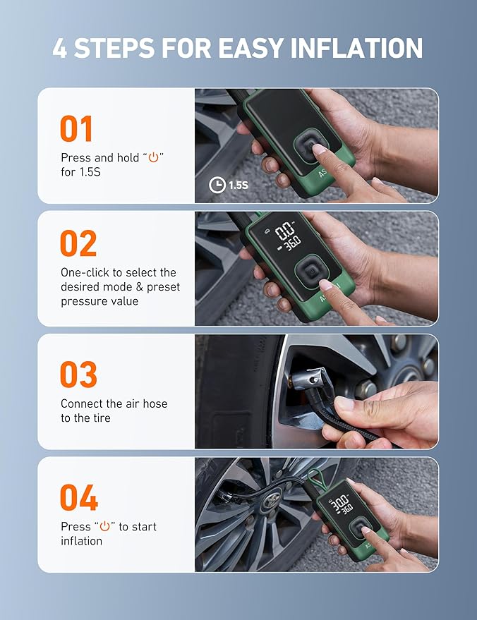 AstroAI L7 Air Tire Inflator Portable Air Compressor, 150PSI Electric Cordless Pump with Fast 1-min Inflation, Auto Shutoff, LED Light – Rechargeable for Car, SUV, Motorcycle, Bike Tires (Green)