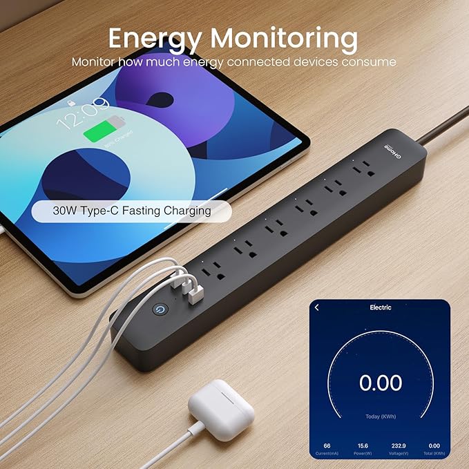 GHome Smart Plug Power Strip with 6 Smart Outlets & 3 USB Ports (30W Fast Charge, 2A1C), WiFi Surge Protector Works with Alexa & Google Home, Energy Monitoring, 2.4GHz Only, No Hub Required, Black