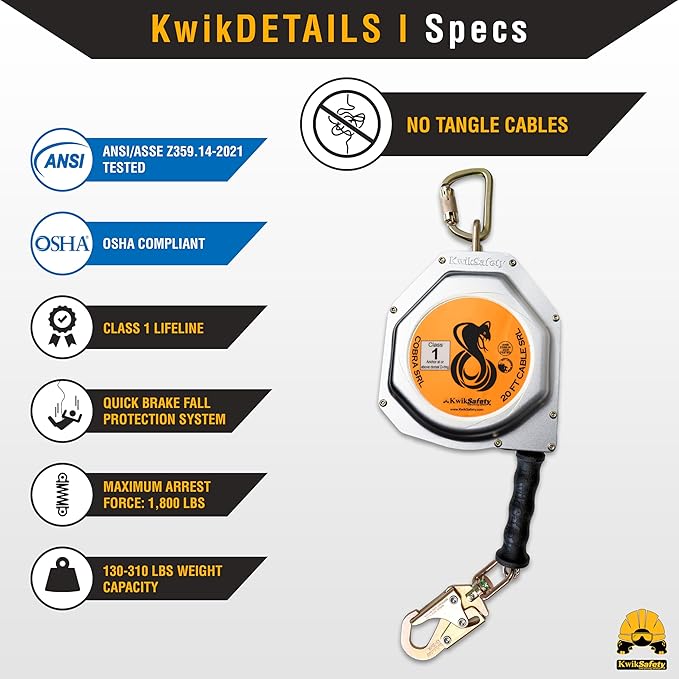 KwikSafety - Charlotte, NC - Cobra 20' Self Retracting Lifeline [NO Tangle Steel Cable] Class 1 SRL ANSI OSHA Retractable Fall Arrest Construction Roofing PPE Gear