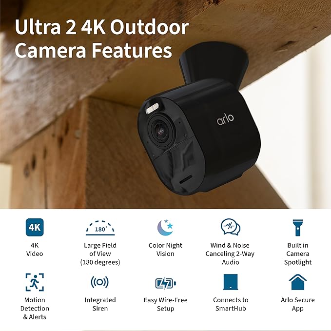 Arlo Ultra 2 Spotlight Camera 4K HDR (Camera only, SmartHub Sold Separately & is Required to Operate | Wireless Home Security Camera | Color Night Vision, Motion Sensor, 180º View, 2-Way Audio, Black