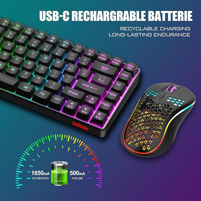RedThunder K84 Wireless Keyboard and Mouse Combo, Rainbow Backlit Rechargeable Battery, 75% Layout TKL Ultra Compact Gaming Keyboard & Lightweight 3200 DPI Honeycomb Optical Mouse (Black)