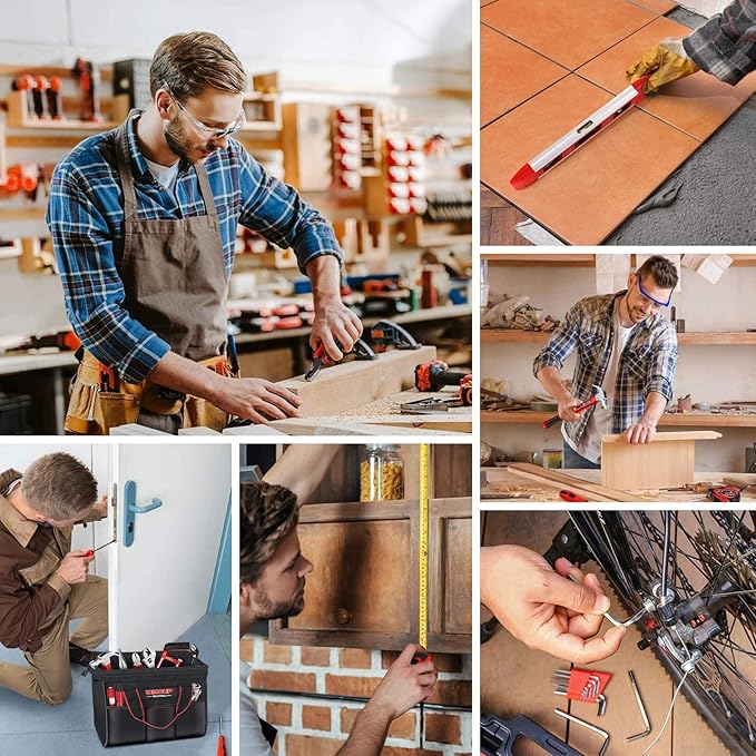 WISEUP Tool Set for Men and Women Heavy Duty,Household Basic Tool Kit for Home Repairing,DIY,Woodworking with 10-Inch Wide Mouth Open Storage Bag Warm House Gift