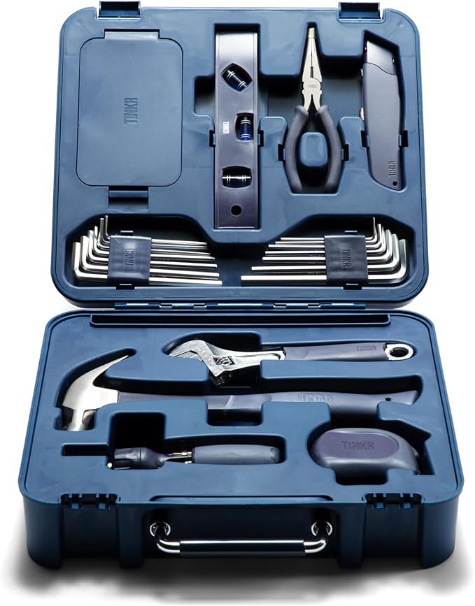 TINKR Modern Tool Box Workstation – Full Tool Set with Hammer, Ratchet Screwdriver, Allen Keys, Wrench, Knife, Tape Measure, Level, Pliers & Phone Holder