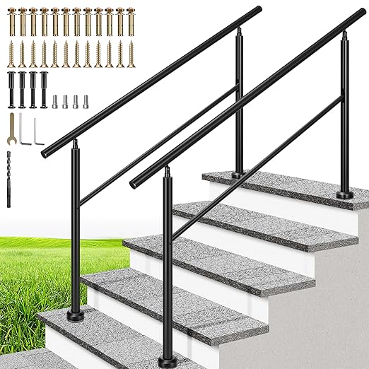 VIVOHOME 2-Pack 5 Step Hand Rails for Outdoor Steps, Galvanized Steel Railing, Black Round Exterior Handrails for Porch, Deck, or Indoor Stairs, Complete Installation Kit