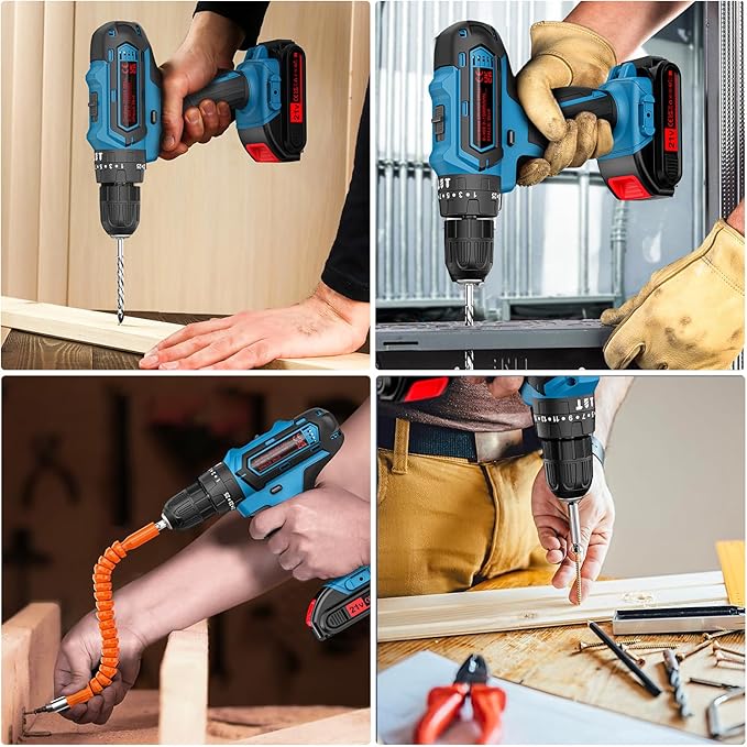 Cordless Power Drill Set with Battery and Charger, 25+3 Mini Drill 21V Electric Drill Cordless Hammer Impact Drill Set with 3/8 Inch Keyless Chuck with 2 Batteries