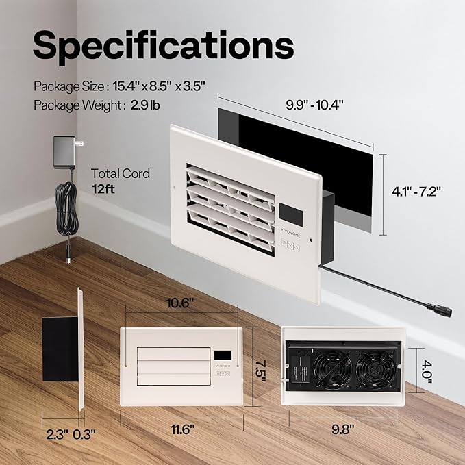 VIVOHOME 6'' x 10'' Opening Register Booster Fan with Adjustable Wind Direction Louver, Smart Intelligent Thermostat & 10-Speed Remote Control - 11.6" x 7.5" Vent Cover for Room, Floor, Wall - White
