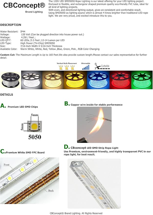 UL Listed, 50 Feet, 5500 Lumen, 4000K Soft White, Dimmable, 110-120V AC Flexible Flat LED Strip Rope Light, 930 Units 3528 SMD LEDs, Indoor Outdoor Use, Accessories Included, Ready to use