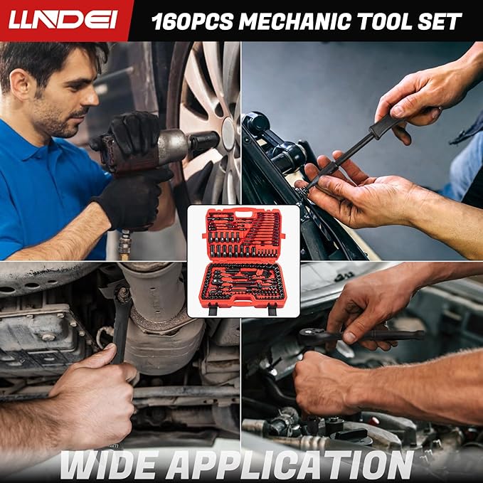 LLNDEI 160-Piece Mechanics Tool Set, Metric Socket Set 1/2 1/4 3/8 inch Drive Professional Tool Kit, CR-V Deep & Shallow Kit with Quick Release Ratchet