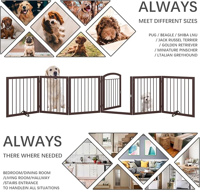 JSB 144-inch Extra Wide 30-inch Tall Dog gate with Door Walk Through, Freestanding Round Tube Pet Gate for Halls Stairs, Puppy Safety Dog Fence with 2PCS Support Feet (Espresso)