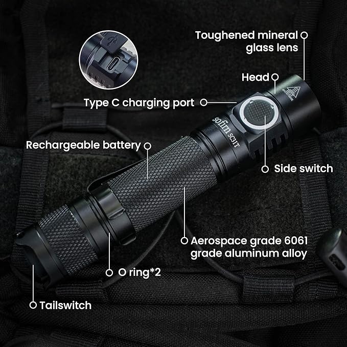 Tactical Flashlight Sofirn SC31T with Holster and Diffuser, Rechargeable Powerful Flashlights for Emergencies, Pocket EDC Flashlights, 2000 HIgh Lumens, LED Bright Flashlight for Home, Battery Powered