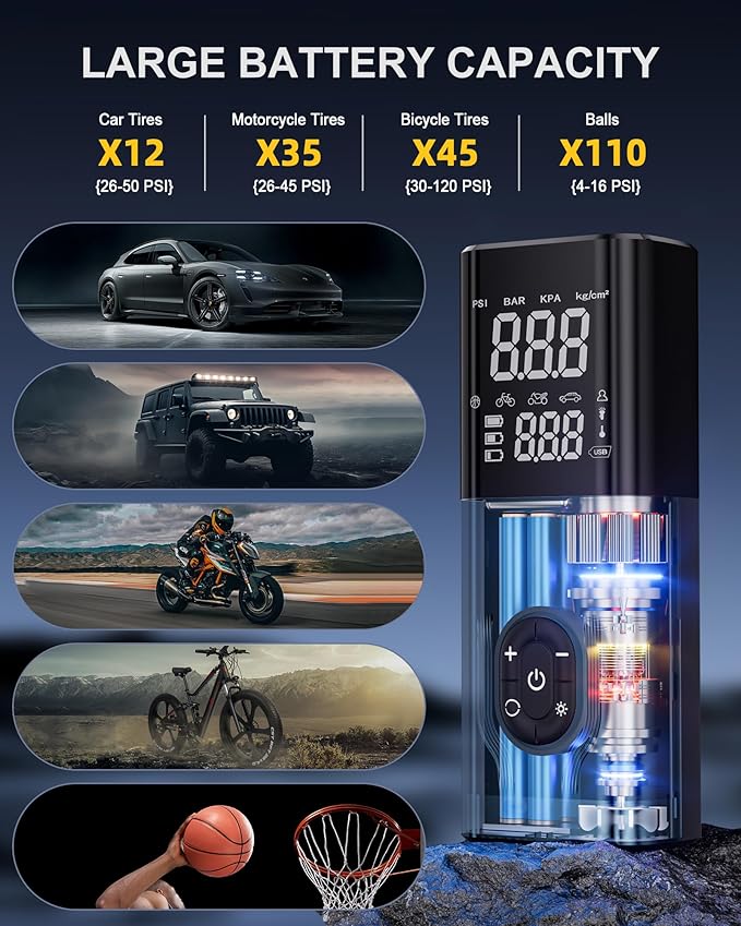 Tire Inflator Portable Air Compressor, CKWUE 180PSI Cordless Air Compressor, 6X Faster Air Pump with Digital Pressure Gauge, Tire Pump with Dual Mode Inflation （Dark Gray）