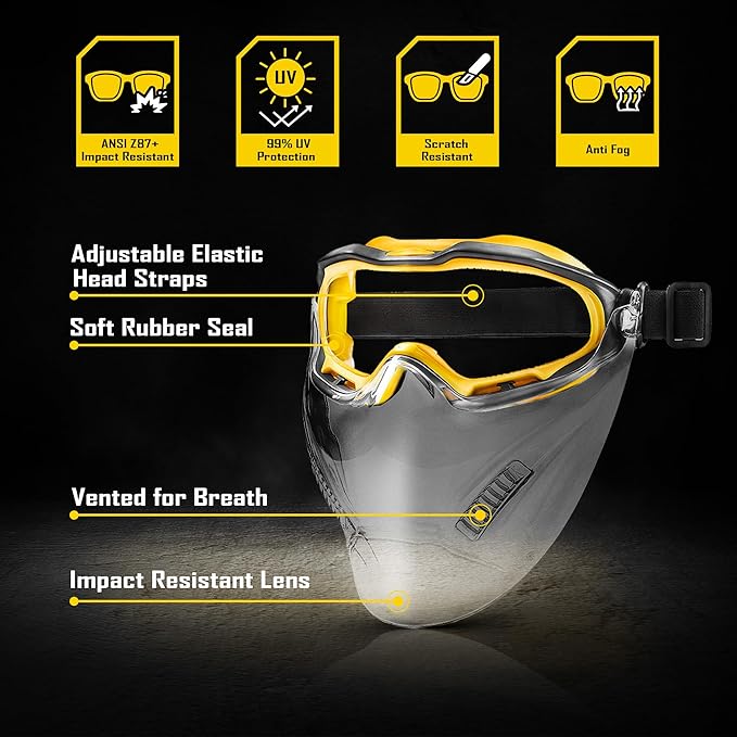 COOLJOB Safety Goggles Over Glasses with Anti-Fog Clear Lens, ANSI Z87.1 Impact Resistance and UV Proof, Adjustable Headband