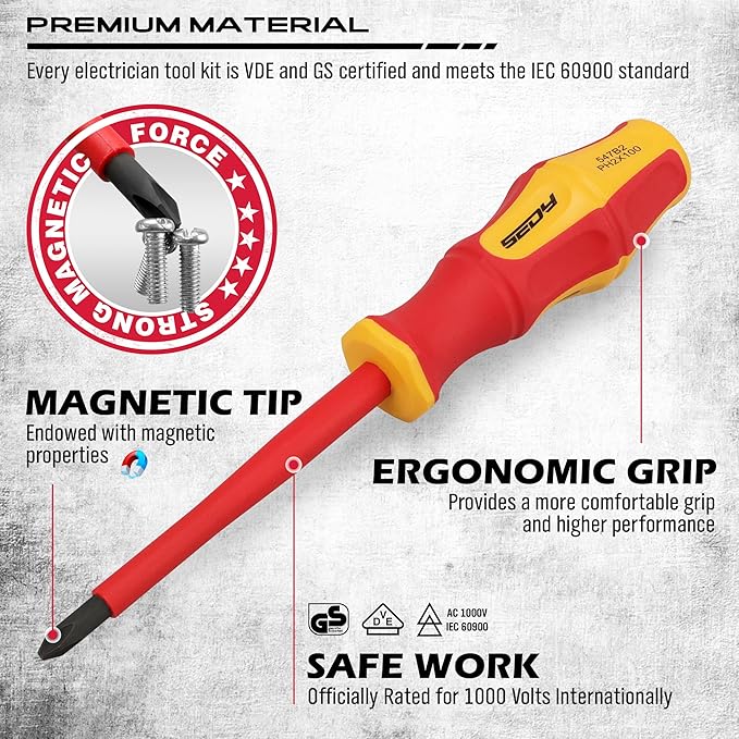 Insulated Screwdriver & Pliers Set: 14-Piece VDE Insulated Set 1000V Insulated Electrician Tool Set with Magnetic Phillips, Slotted Screwdrivers and Insulated Pliers
