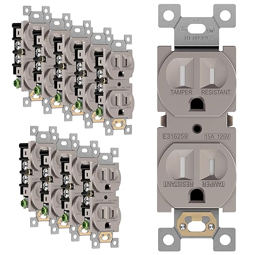 ENERLITES Elite Series Duplex Receptacle, Residential Grade Wall Outlet, Duplex Electrical Outlet, Self-Grounding, 3-Wire, 2-Pole, 15A 125V, UL Listed, 61580-TR-NK-10PCS, Nickel, 10 Pack