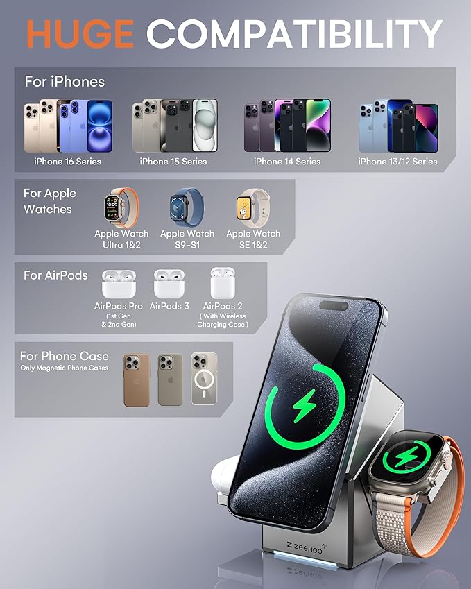 ZEEHOO 3 in 1 Charging Station for Apple, iPhone Mag-Safe Charger, Qi2 Certified, Rotating Wireless Charger Stand for iPhone 16,15,14,13,12 Series, Apple Watch, AirPods (USB-C Charger Included)