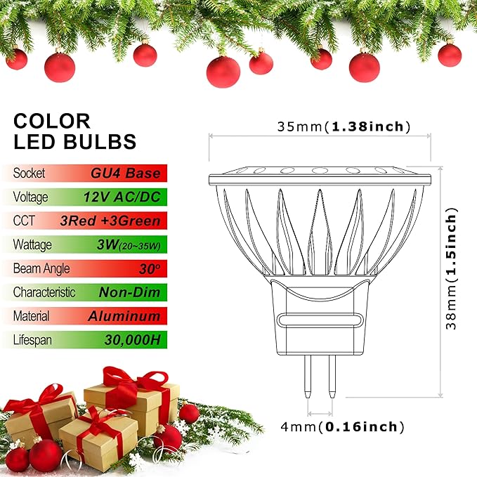 ALIDE Red Green MR11 3W GU4 G4 Led Bulbs 12V, 10W 20W 35W Halogen Equivalent, GU4.0 Bi-Pin Red Green Bulbs for Low Voltage Christmas Holiday Party Decoration Outdoor Tree Landscape Lighting, 6Pcs Mix