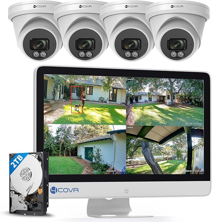 4COVR PoE 4K 8 Channel Security Camera System with Monitor, 8MP H.265 Ultra HD NVR with Monitor Pre-Installed 2TB HDD, 4Pcs IR Dome Wired 8MP IP Camera IP67, Person Vehicle Detection, LY97SA8MU804