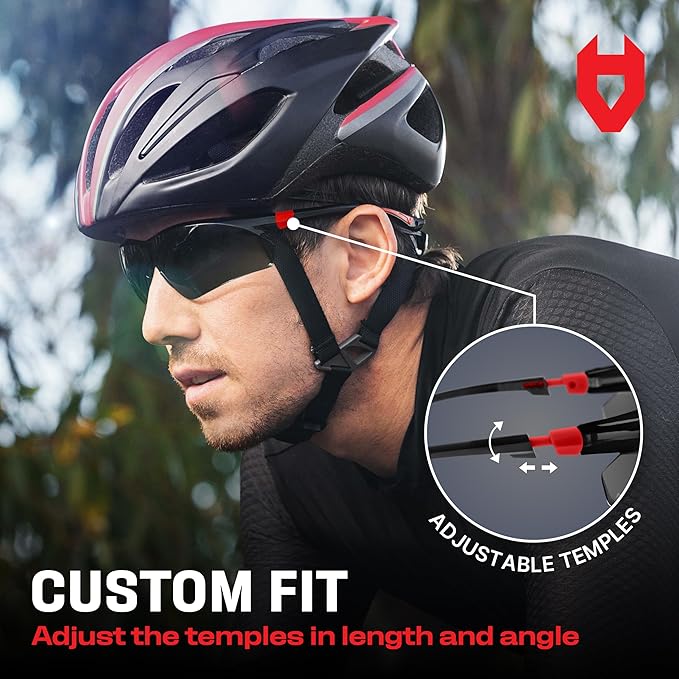 NoCry Work and Sports Safety Sunglasses with Green Tinted Scratch Resistant Wrap-Around Lenses and No-Slip Grips, UV 400 Protection. Adjustable, Black & Red Frames (10 pack)