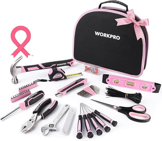 WORKPRO Pink Tool Kit - 236 Pieces Pink Tool Set with Easy Carrying Round Pouch, Household Tool Kit Perfect for DIY, Home Maintenance - Pink Ribbon
