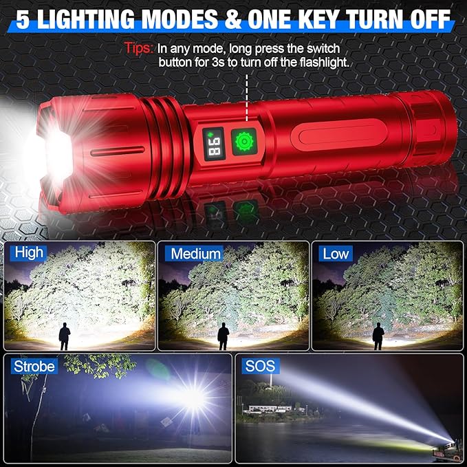 Flashlights High Lumens Rechargeable, Super Bright LED Powerful Flashlight, Type-C, 5 Modes, Zoomable, IPX5 Waterproof High Powered Tactical Flash Light for Emergency Camping,Red