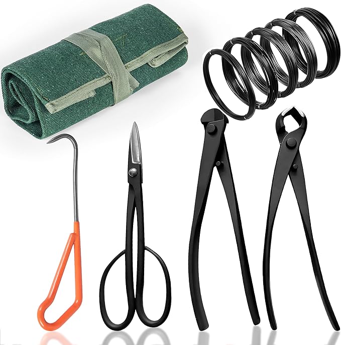 4PCS Bonsai Tool Set with Concave Cutter Wire Cutter Pruning Shears Root Pick | Bonsai Tools Kit with 5 Bonsai Shaping Wires and Waterproof Canvas Roll Bag