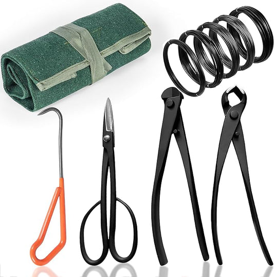 4PCS Bonsai Tool Set with Concave Cutter Wire Cutter Pruning Shears Root Pick | Bonsai Tools Kit with 5 Bonsai Shaping Wires and Waterproof Canvas Roll Bag