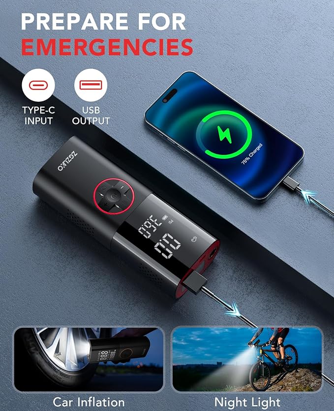 Tire Inflator Portable Air Compressor, 150PSI Rechargeable Air Pump for Car Tires with Battery, Cordless Tire Pump with Pressure Gauge & LCD Dual Screen, for Cars, Motorcycles, Bikes, Balls